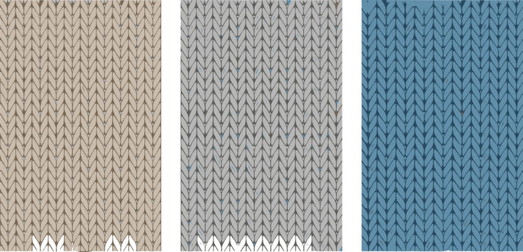 Seamless vector texture collection showing three variations of knitted wool fabric with light distress, featuring subtle beige, heather gray, and deep blue textile backgrounds for cozy concepts