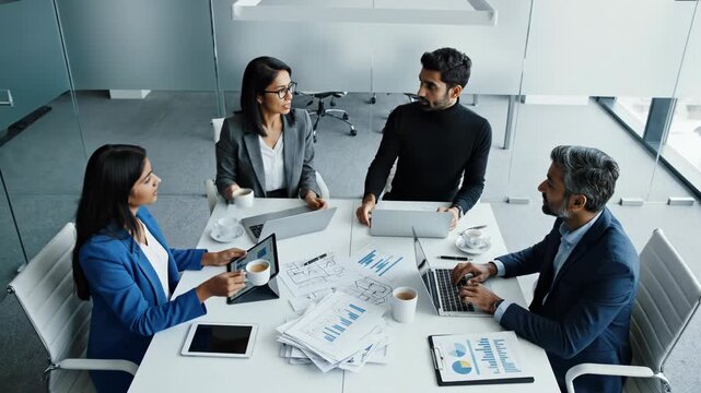 Four diverse business professionals collaborating in a modern office meeting room, analyzing charts and data on digital tablet and paper documents
