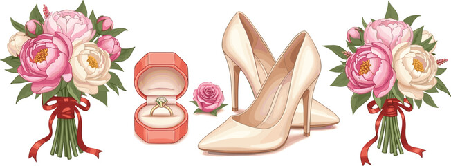 Elegant wedding accessories including shoes, ring box, rose, and floral bouquets for bridal preparation and romantic design themes