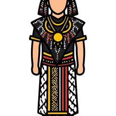 Traditional Ethnic Clothing Illustration of a Person Wearing a Detailed Black Tunic and Colorful Striped Skirt with Ornate Patterns