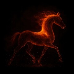 Fiery running horse made of blazing flames with glowing mane and dynamic heat effects on a dark background