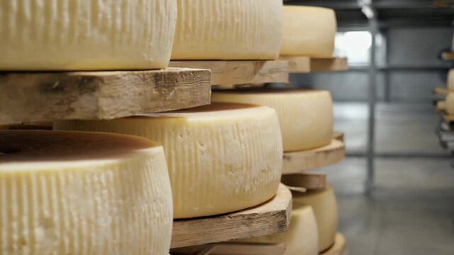 Multiple rounds of artisanal cheese wheels lying in rows on shelves in storage
