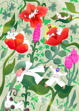 Cats, plants and happy people illustration