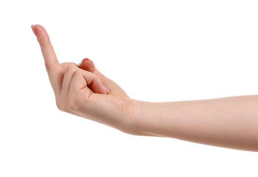 Woman showing middle finger on white background, closeup
