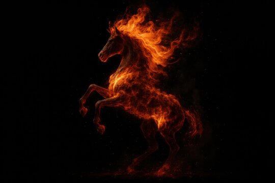 Fiery rearing horse made of blazing flames with glowing mane and intense heat effects on a dark background