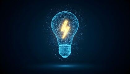 Digital light bulb with lightning bolt inside on a dark blue background.