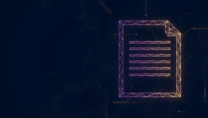 Digital document icon rendered with glowing polygonal lines on a dark, futuristic technology background.