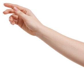 Woman showing gesture with hand on white background, closeup