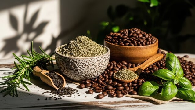 Aromatic coffee beans and dried herbs like rosemary and basil are artfully arranged in rustic bowls and scattered on a textured surface with dappled sunlight