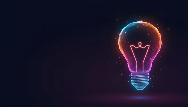 Glowing lightbulb with colorful outline on a dark background.
