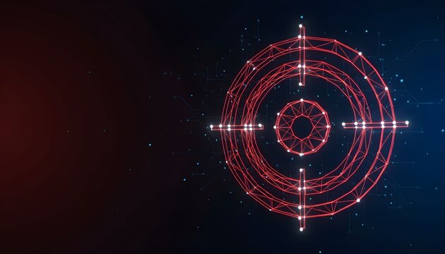 Futuristic red glowing target reticle with a plexus network design on a dark digital background.
