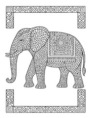 Intricate patterned elephant outline, decorative mandala design, coloring book page art
