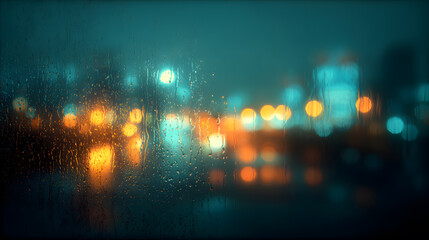 Rainy Night City Lights with Window Droplets and Bokeh Effect

