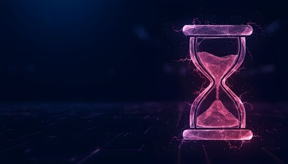A glowing pink hourglass symbolizes the passage of time on a dark futuristic background.