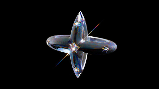 Abstract futuristic chrome geometric shape resembling a cross or star floating in dark space with a bright lens flare and reflection