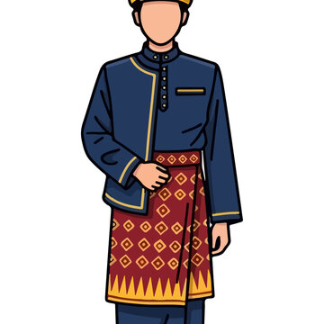 Traditional Malay Man in Blue Baju Melayu and Songkok with Intricate Red and Gold Sarong, Cultural Attire Illustration