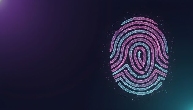 Fingerprint graphic with purple and blue hues on a dark background.