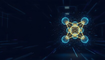 Abstract atom structure with yellow and blue spheres.