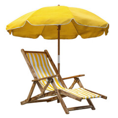 Yellow beach umbrella and striped chair isolated on transparent background