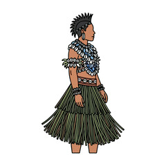 Illustration of a Polynesian person in traditional attire a grass skirt and shell necklace standing profile view
