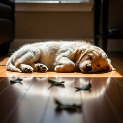 Golden retriever puppy sleeping peacefully on wooden floor bathed in sunlight napping