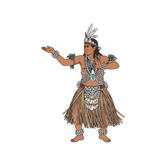 Indigenous Man in Traditional Attire Performing a Ritual Dance with Elaborate Headdress and Grass Skirt
