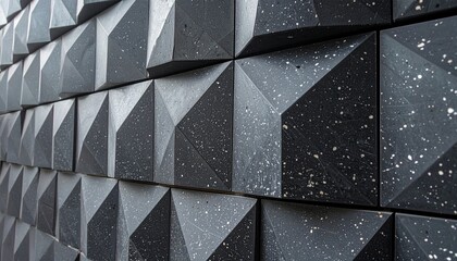 Geometric Wall of Pyramidal and Cuboidal Shapes with Speckled Texture in Modern Architectural Grid Pattern