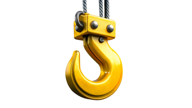 Heavy-duty golden hoist hook ready for lifting, representing strength and industrial power, perfect for construction, engineering, or manufacturing concepts