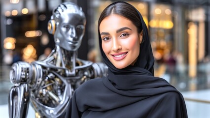Cheerful Middle Eastern woman in black hijab and abaya smiles at camera as a metallic humanoid robot stands behind her, symbolizing AI and human coexistence in a futuristic world