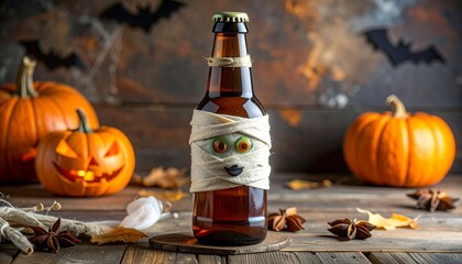 A mummy-wrapped beer bottle sits amid fog, glowing jack-o'-lanterns, and bats in a spooky Halloween setup.