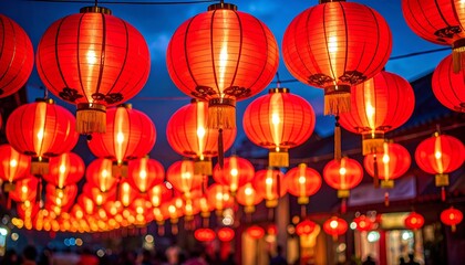 Glowing red Chinese lanterns hang in rows, casting warm light in a festive nighttime celebration.
