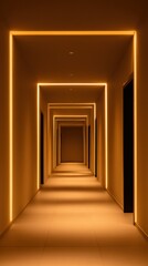 A serene, illuminated corridor featuring warm lighting, leading to closed doors, evoking tranquility
