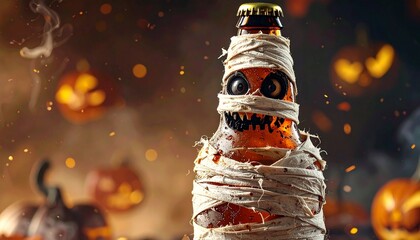 A mummy-wrapped beer bottle sits amid fog, glowing jack-o'-lanterns, and bats in a spooky Halloween setup.