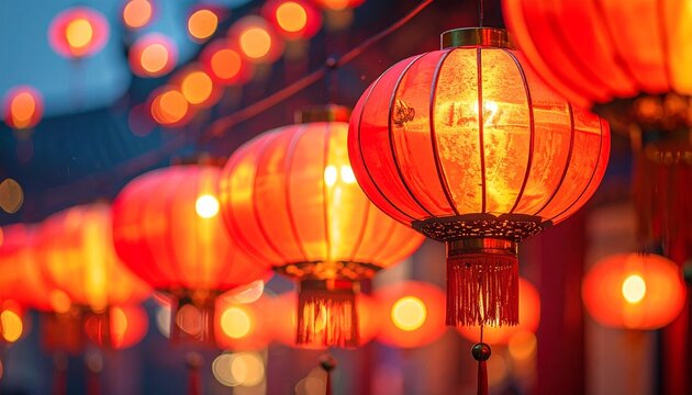 Glowing red Chinese lanterns hang in rows, casting warm light in a festive nighttime celebration. - Powered by Adobe