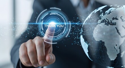 Global digital communication: businessman presses thank you button