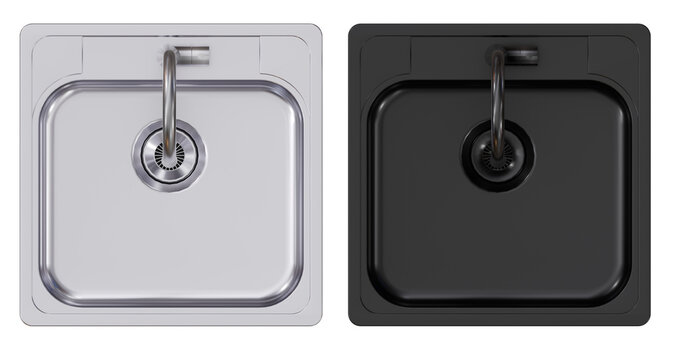 Square Single Bowl Sinks in Stainless Steel and Matte Black- topview