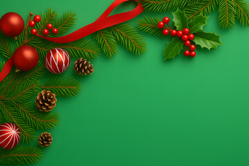 Naklejka premium Christmas Green Background with Pine Branches, Red Ornaments and Ribbon 