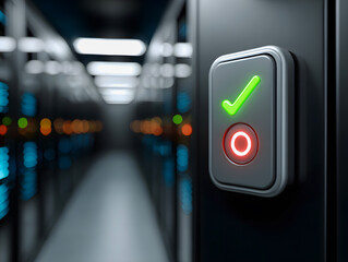 Data Center Security Panel with Green Check Light in Server Room
