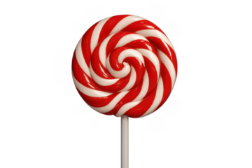 Red and white striped lollipop with a swirl pattern, classic sweet candy on a stick; isolated with transparent background