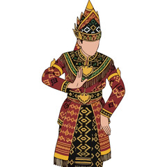 Traditional Indonesian Dance Costume with Intricate Patterns and Ornate Headpiece Performing a Graceful Pose