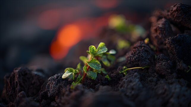 Resilient green plant emerges from volcanic soil a symbol of rebirth and enduring strength