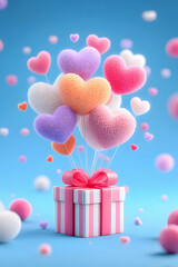Cute Heart Balloons Gift Box with Pastel Colors on Blue Background
