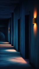 Dimly lit corridor with glowing wall sconces, showcasing open doors and shadows creating an eerie atmosphere