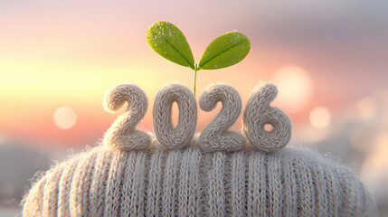 2026 New Year Growth Concept with Green Sprout and Soft Sunrise
