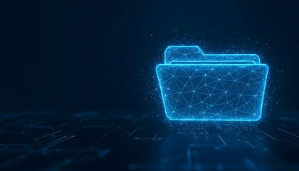Digital illustration of a glowing blue folder icon, representing data storage and file management.