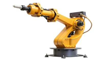 Cutting-edge yellow robotic arm poised for precision manufacturing and automation, ideal for engineering, technology, and industrial innovation projects today