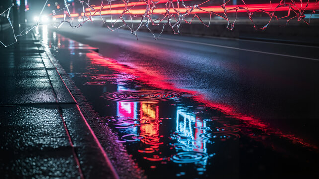 Night street with reflections of neon lights in puddles concept of Blue Monday   - Powered by Adobe