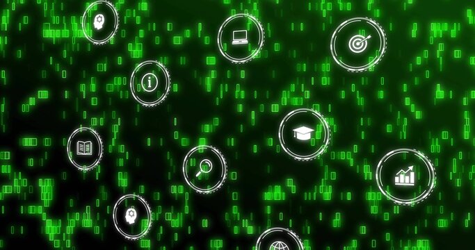 Glowing icon cluster hovering in virtual dashboard, showing laptop, globe, magnifier, green code