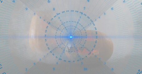 Holding adult hand presenting capsule at lab, with circular HUD and blue star, showing cuff