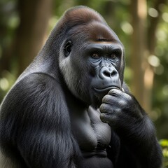 Close up of a thoughtful gorilla with hand on chin in forest primate animal